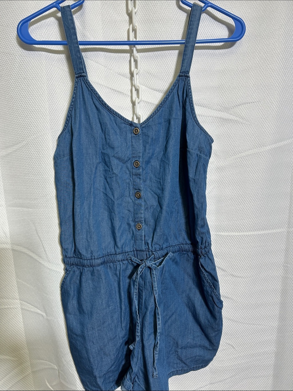Denim Button-Front Romper in Blue